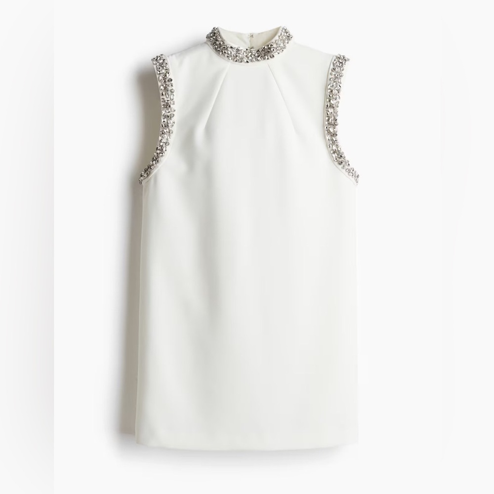Elegant White Sleeveless Dress with Silver Accents
